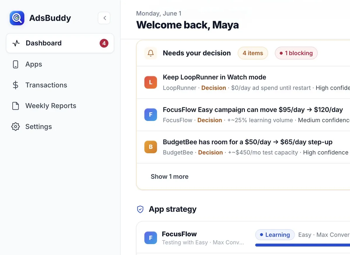 Dashboard web real de AdsBuddy